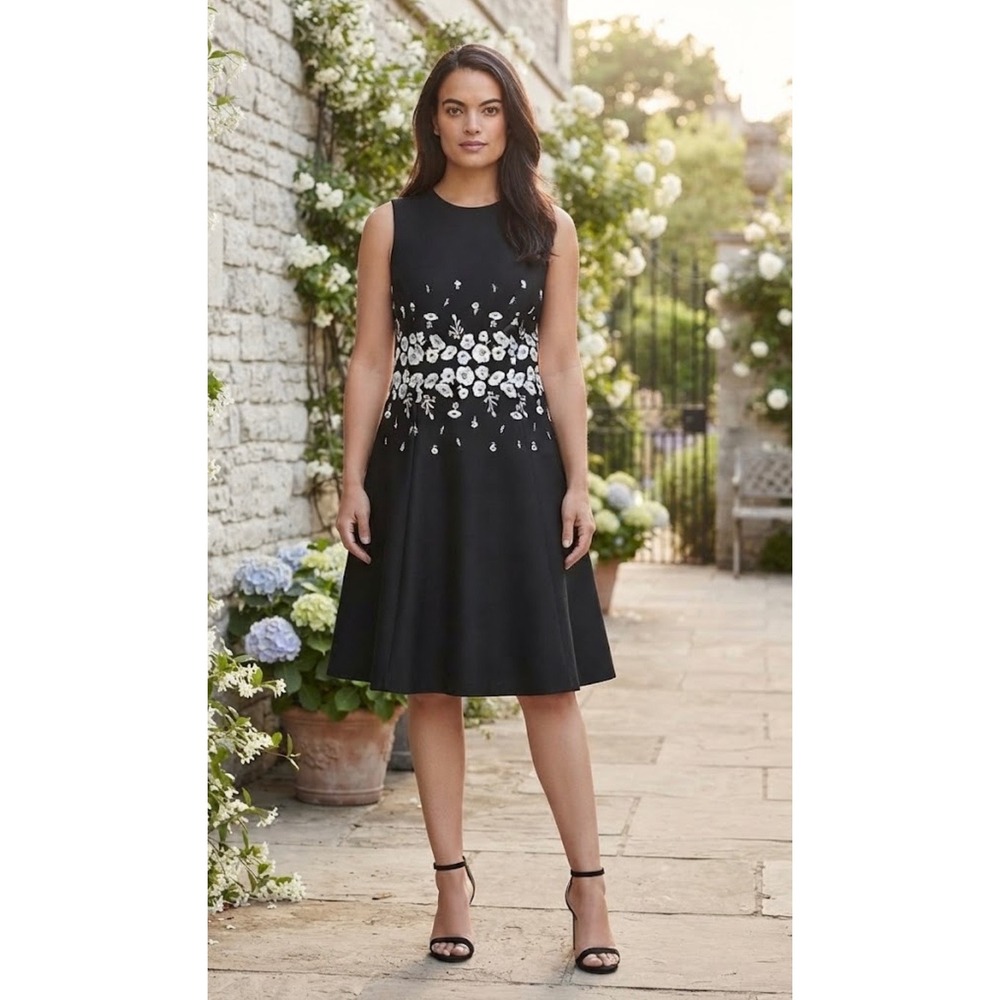 Calvin Klein Black Sleeveless Floral Embroidered Fit & Flare Dress Cocktail